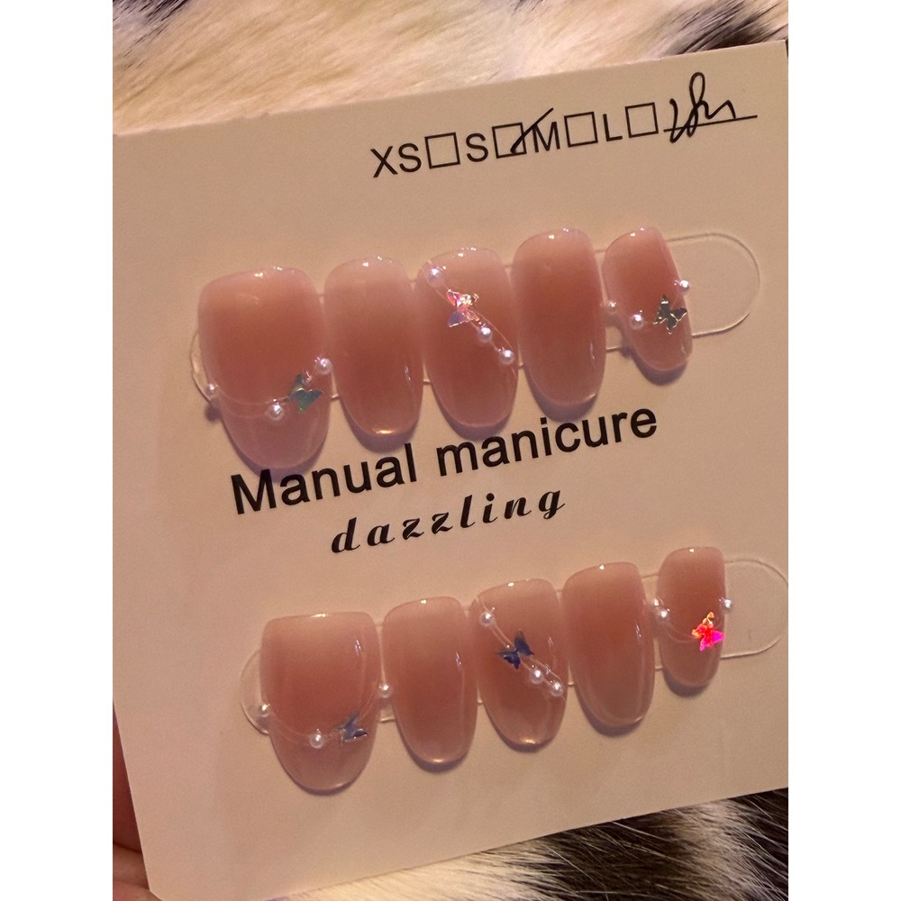 Manual Manicure Dazzling Press On Nails Nude Pink Butterfly Pearl Size Small 2.0